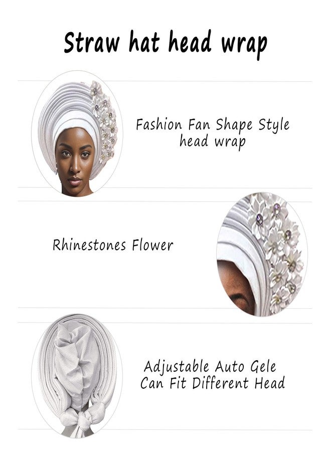 أغطية رأس أفريقية من JRZXTWL، عصابات رأس أنيقة مزينة بالأحجار، أغطية رأس ASO Oke Auto Gele جاهزة، قبعات نسائية لحفلات الزفاف. (أبيض، قياسي) - Image 4